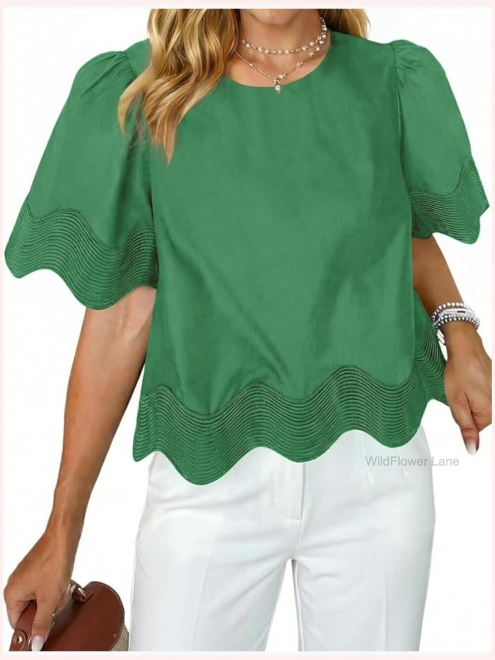 Womens Casual Scalloped Puff Short Sleeve Blouse Flowy Ruffle Shirts Summer